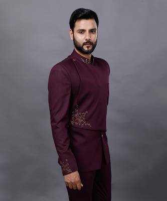 Wine Embroidered Bandgala Set 6