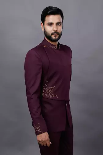 Wine Embroidered Bandgala Set