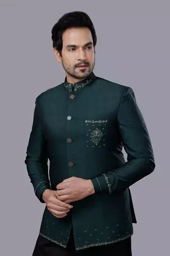 Green Embroidered Bandgala Set