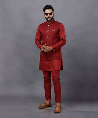 Red Embroidered Nehru Jacket Set 1