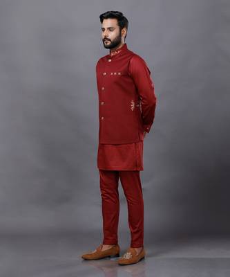 Red Embroidered Nehru Jacket Set 2