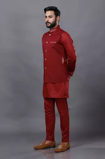 Red Embroidered Nehru Jacket Set