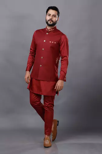 Red Embroidered Nehru Jacket Set