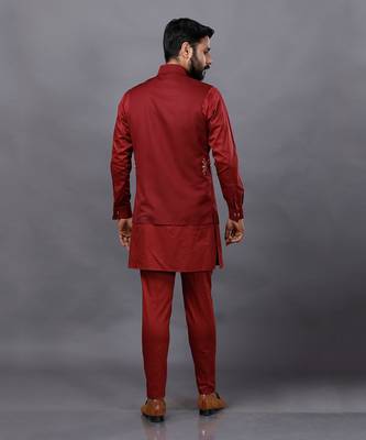 Red Embroidered Nehru Jacket Set 4