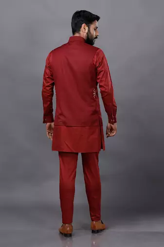 Red Embroidered Nehru Jacket Set