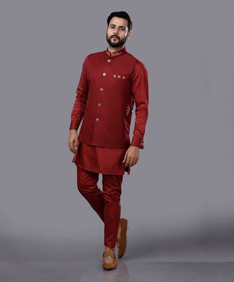Red Embroidered Nehru Jacket Set 5
