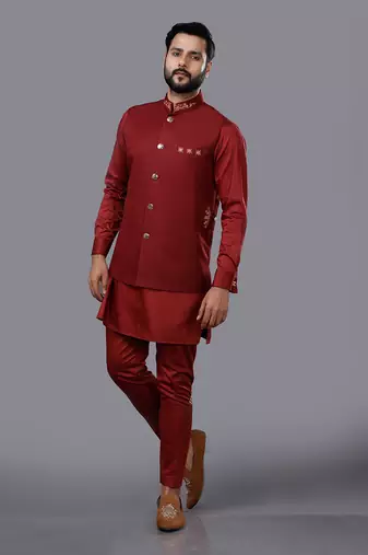 Red Embroidered Nehru Jacket Set