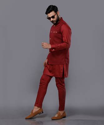 Red Embroidered Nehru Jacket Set 6