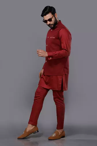 Red Embroidered Nehru Jacket Set