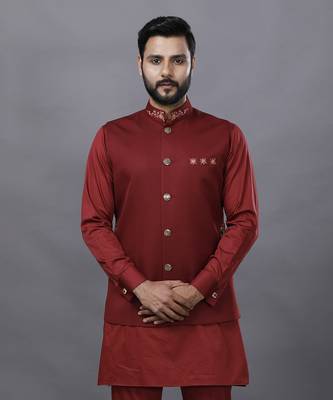 Red Embroidered Nehru Jacket Set 7