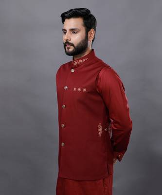 Red Embroidered Nehru Jacket Set 8