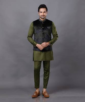 Olive Embroidered Nehru Jacket set 1