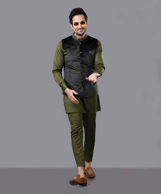Olive Embroidered Nehru Jacket set 3