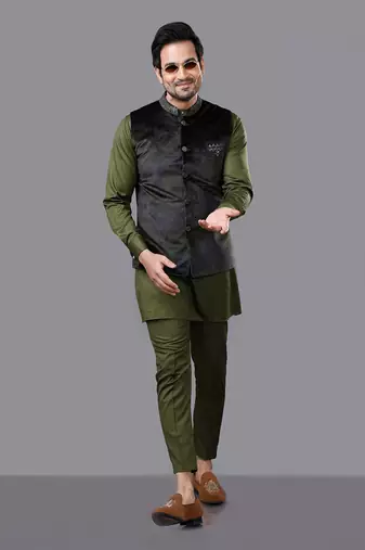 Olive Embroidered Nehru Jacket set