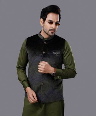 Olive Embroidered Nehru Jacket set 4