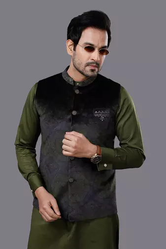 Olive Embroidered Nehru Jacket set