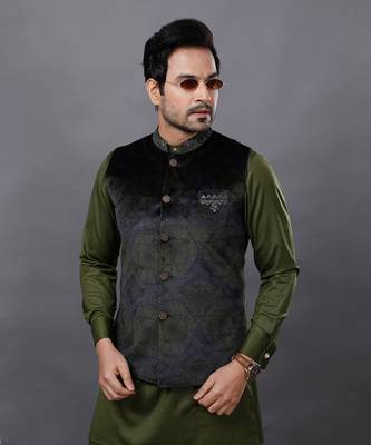 Olive Embroidered Nehru Jacket set 5