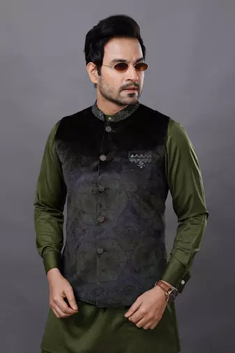 Olive Embroidered Nehru Jacket set