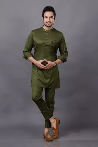 Olive Embroidered Nehru Jacket set