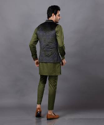Olive Embroidered Nehru Jacket set 8