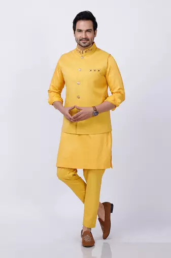 Yellow Embroidered Nehru Jacket Set