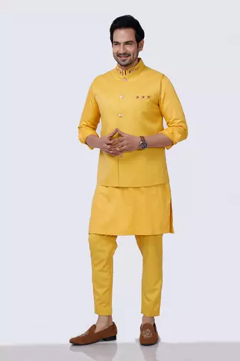 Yellow Embroidered Nehru Jacket Set