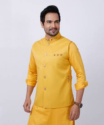 Yellow Embroidered Nehru Jacket Set 8