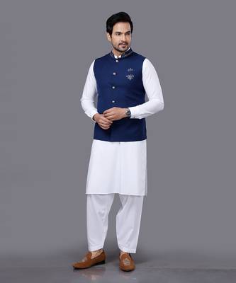 Blue Embroidered Nehru Jacket Set 1