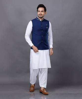 Blue Embroidered Nehru Jacket Set 2