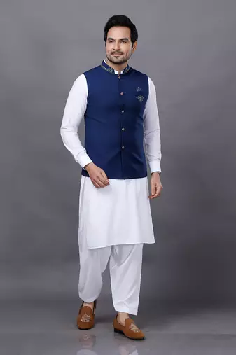 Blue Embroidered Nehru Jacket Set