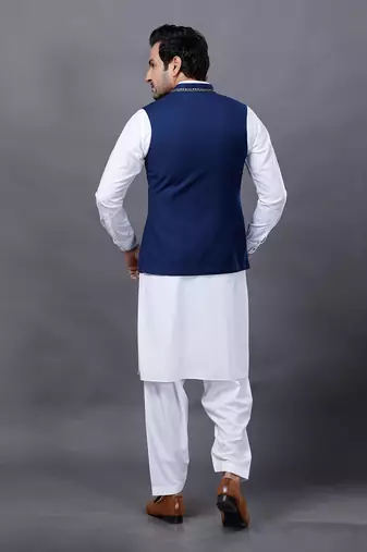 Blue Embroidered Nehru Jacket Set