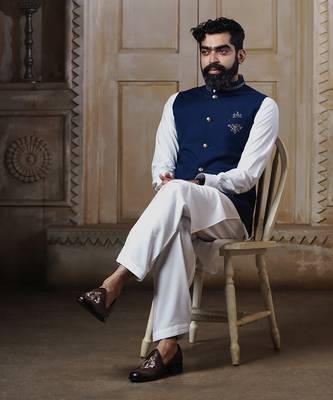 Blue Embroidered Nehru Jacket Set 4