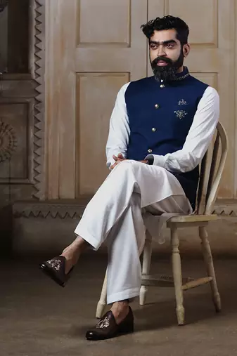 Blue Embroidered Nehru Jacket Set