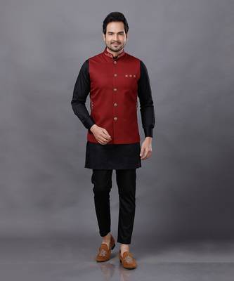 Red Black Embroidered Nehru Jacket Set 1