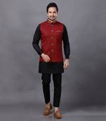 Red Black Embroidered Nehru Jacket Set