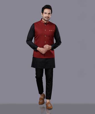 Red Black Embroidered Nehru Jacket Set 2