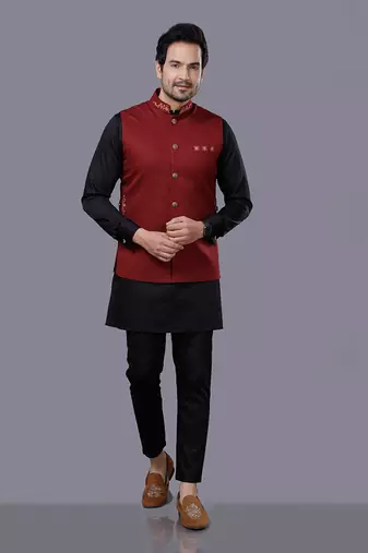 Red Black Embroidered Nehru Jacket Set
