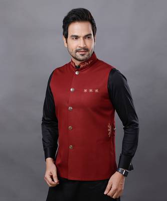 Red Black Embroidered Nehru Jacket Set 3