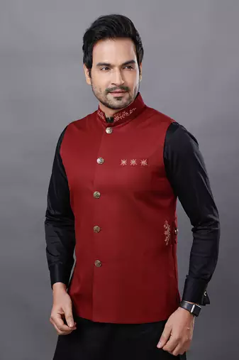Red Black Embroidered Nehru Jacket Set