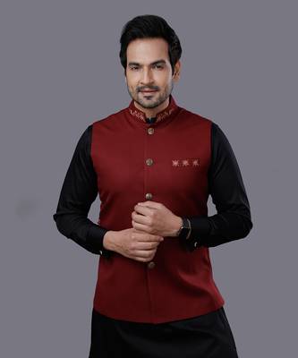 Red Black Embroidered Nehru Jacket Set 4