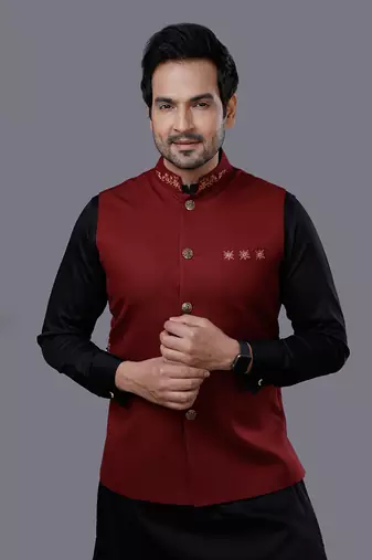 Red Black Embroidered Nehru Jacket Set