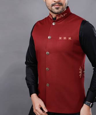 Red Black Embroidered Nehru Jacket Set 5