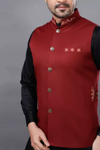 Red Black Embroidered Nehru Jacket Set
