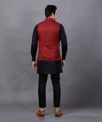 Red Black Embroidered Nehru Jacket Set 6