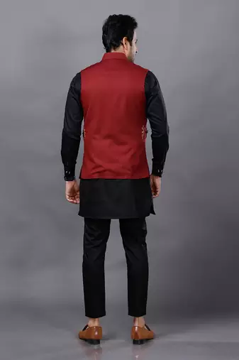 Red Black Embroidered Nehru Jacket Set