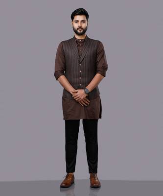 Brown Stripped Jacket Kurta Set 2