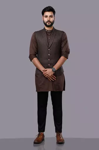 Brown Stripped Jacket Kurta Set