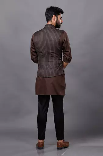 Brown Stripped Jacket Kurta Set
