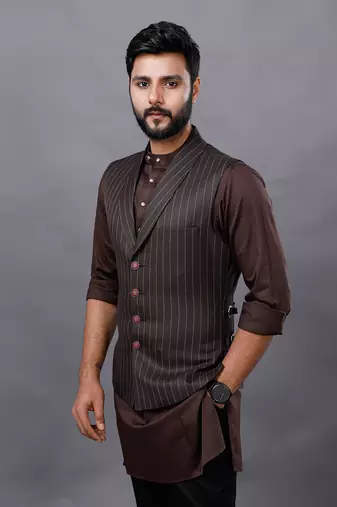 Brown Stripped Jacket Kurta Set