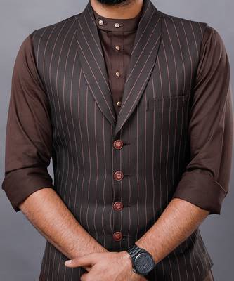 Brown Stripped Jacket Kurta Set 7